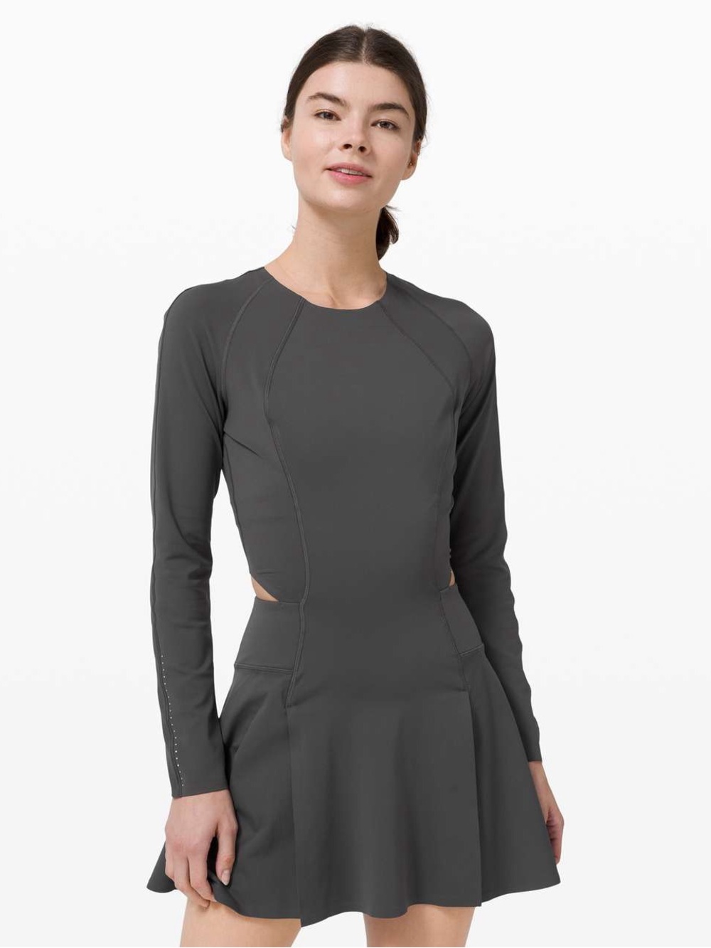 Lululemon Runnin Pretty Dress Graphite Grey Long Sleeve Nulux Cutout Mini Size 6